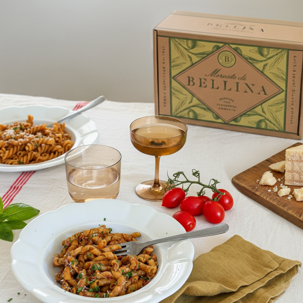 Table setting with pasta, tomatoes, a glass of wine, and a box of 'Monte di Bellina' on a white tablecloth.