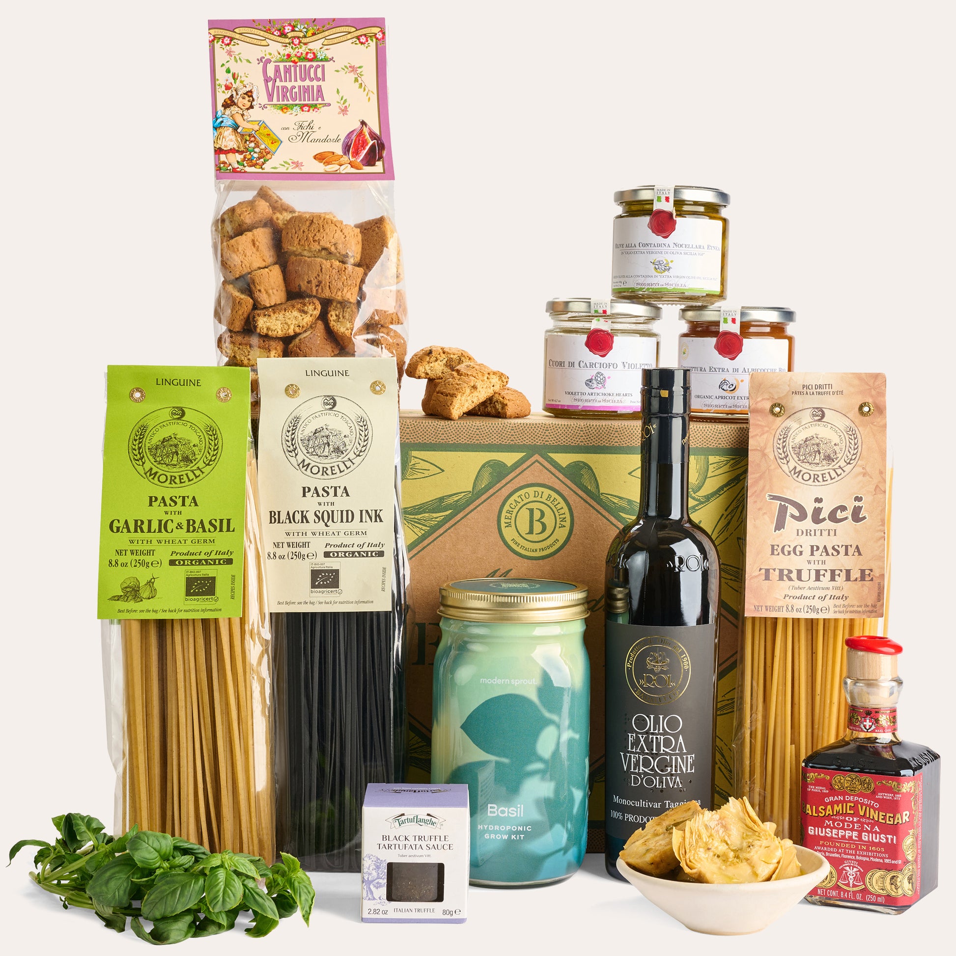 Italian Epicurean gift box with gourmet pasta, olive oil, biscotti, vinegar, spreads