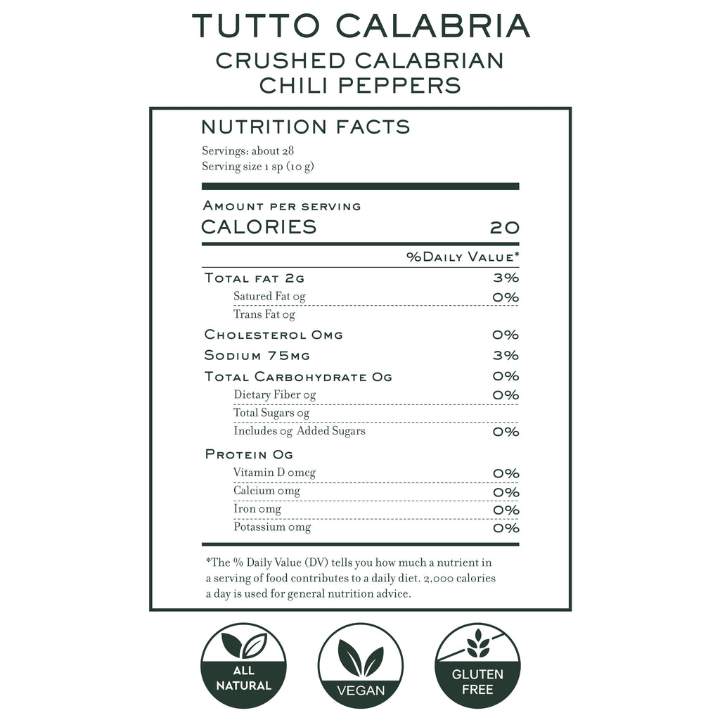 Nutrition facts label for Tutto Calabria crushed Calabrian chili peppers
