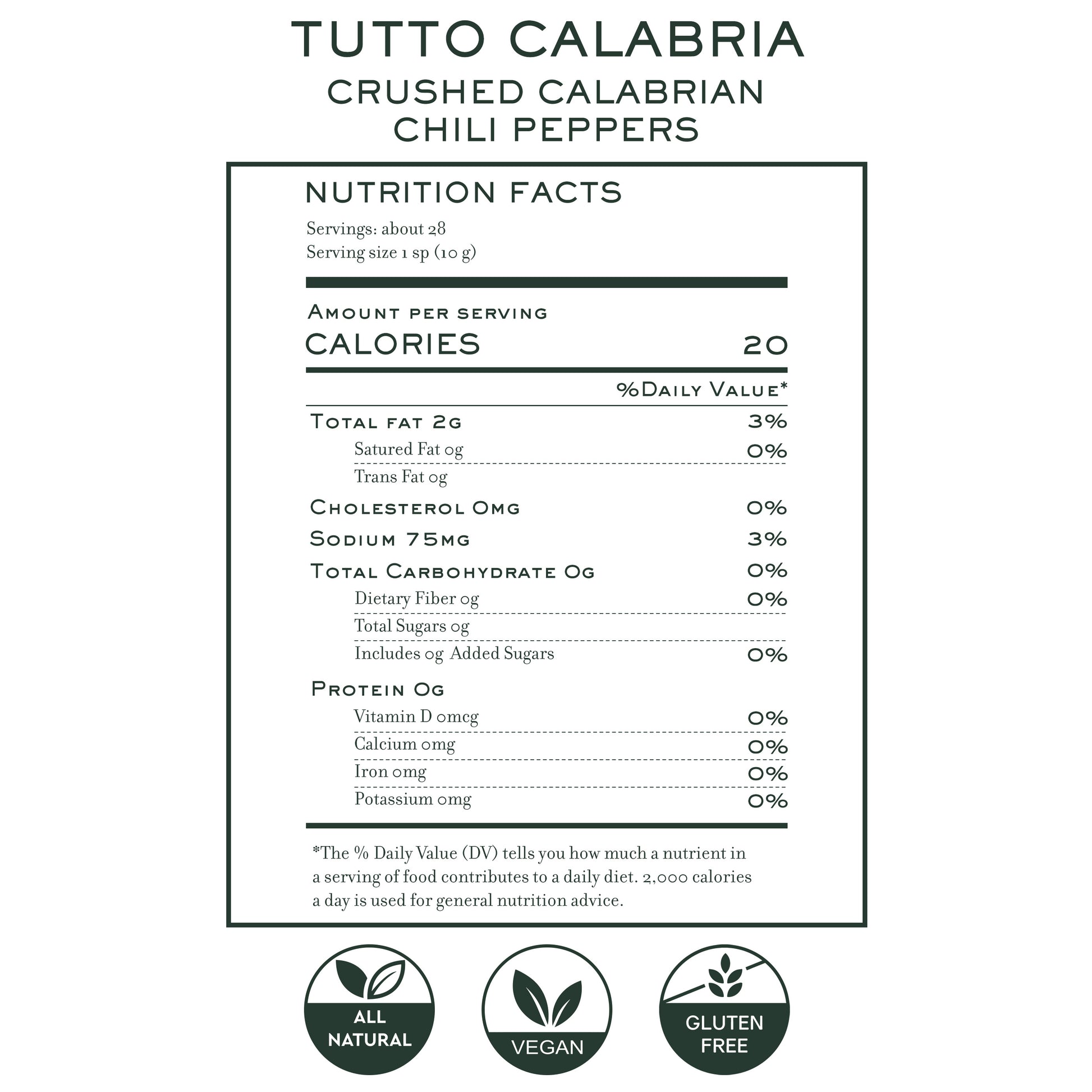 Nutrition facts label for Tutto Calabria crushed Calabrian chili peppers