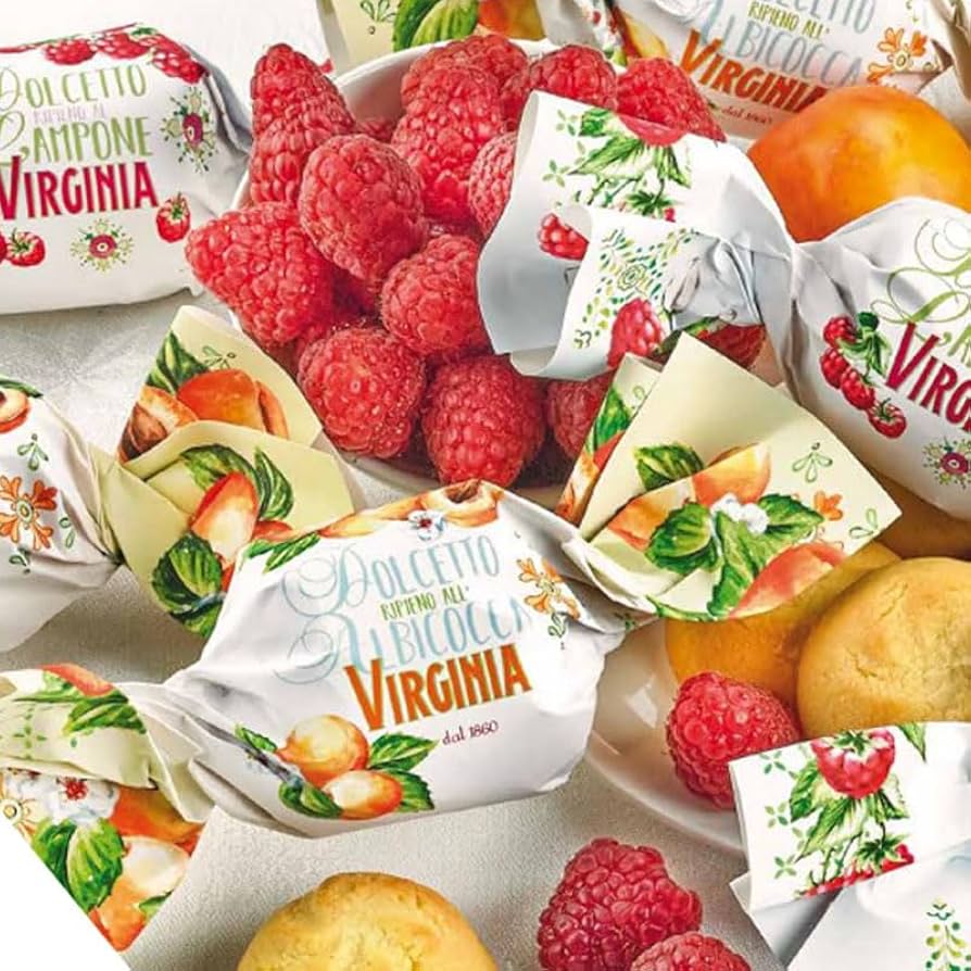 Wrapped raspberry and apricot fruit-filled shortbread biscuits by Amaretti Virginia