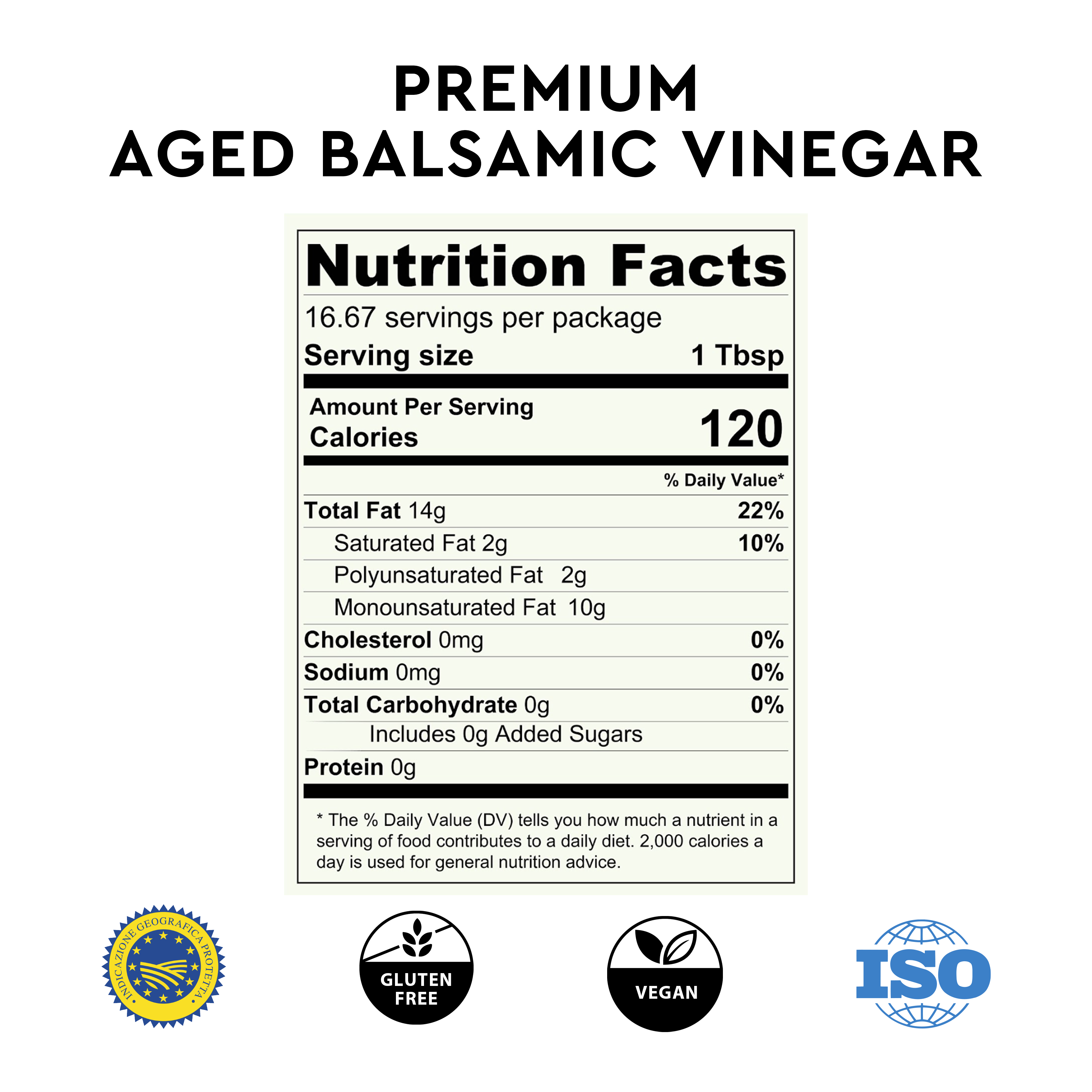 Nutritional facts label for Burgundy Label Premium Aged Balsamic Vinegar of Modena, Masserie di Santeramo