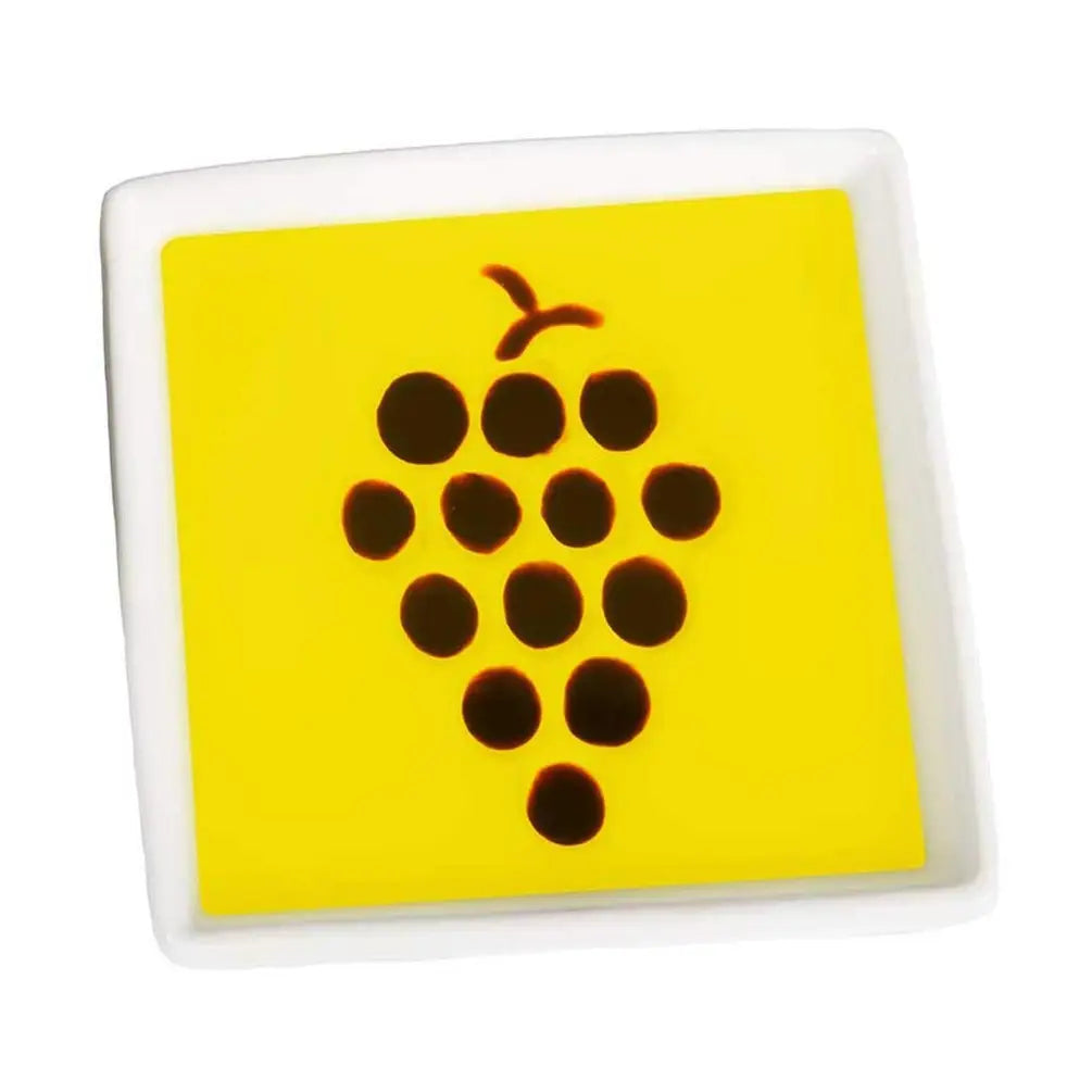Yellow square with brown grape design on a white background