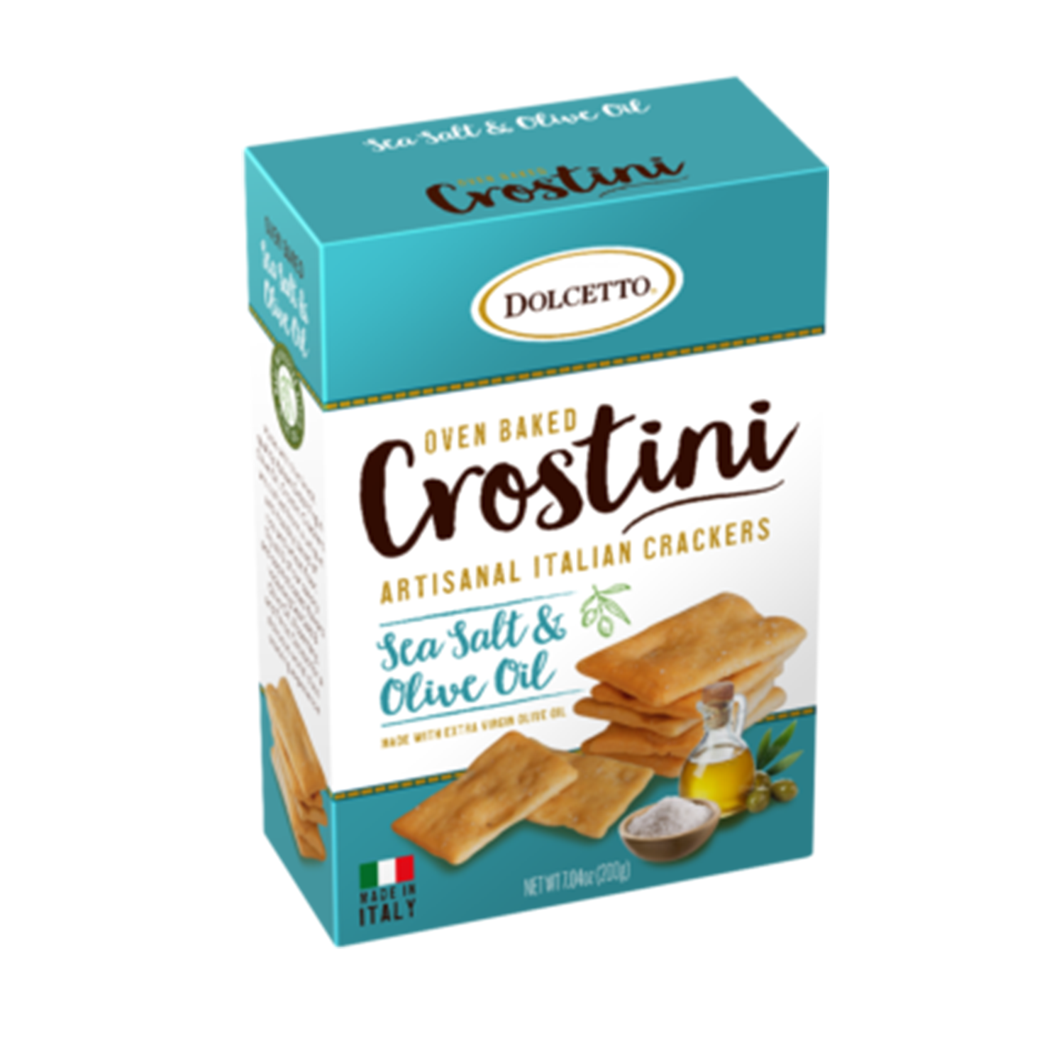 Box of Dolcetto Crostini Artisanal Italian Crackers with Sea Salt & Olive Oil on a white background