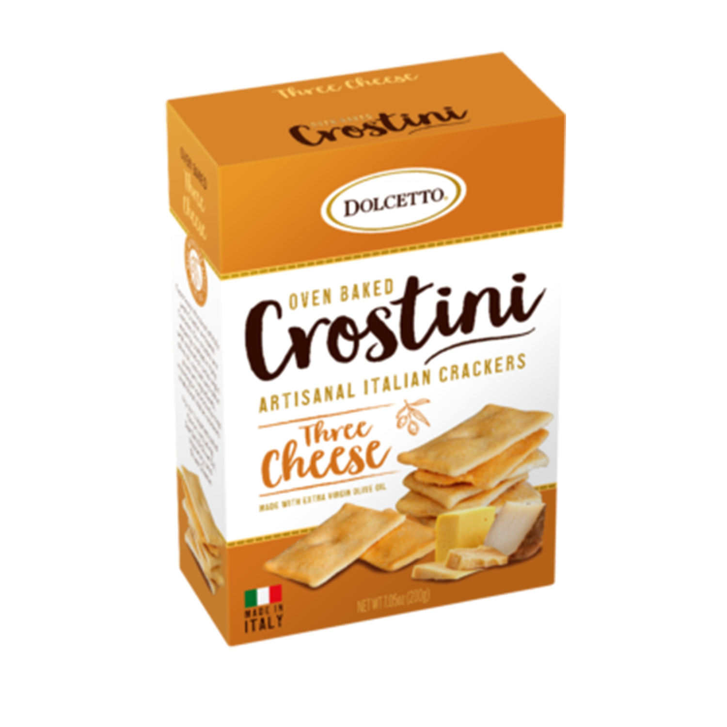 Box of Dolcetto Three Cheese Crostini crackers on a white background
