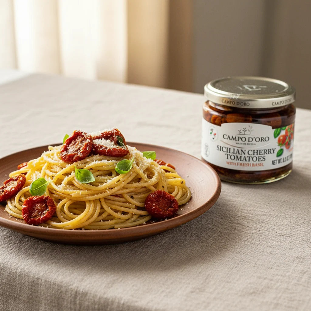Sicilian Cherry Tomatoes, Fresh Basil & Olive Oil - By Campo d'Oro