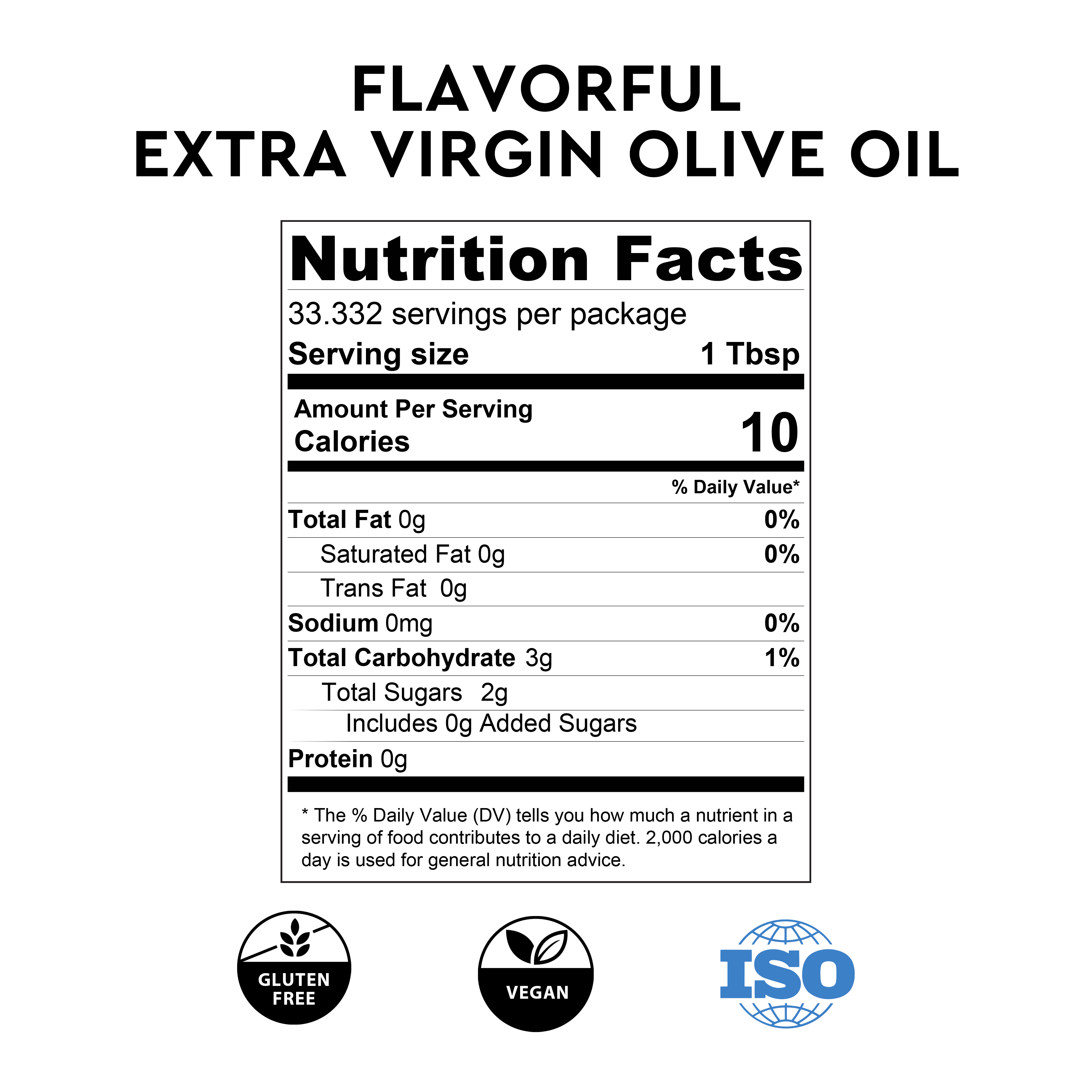 Nutritional facts label for Flavorful Italian Extra Virgin Olive Oil, Masserie di Santeramo