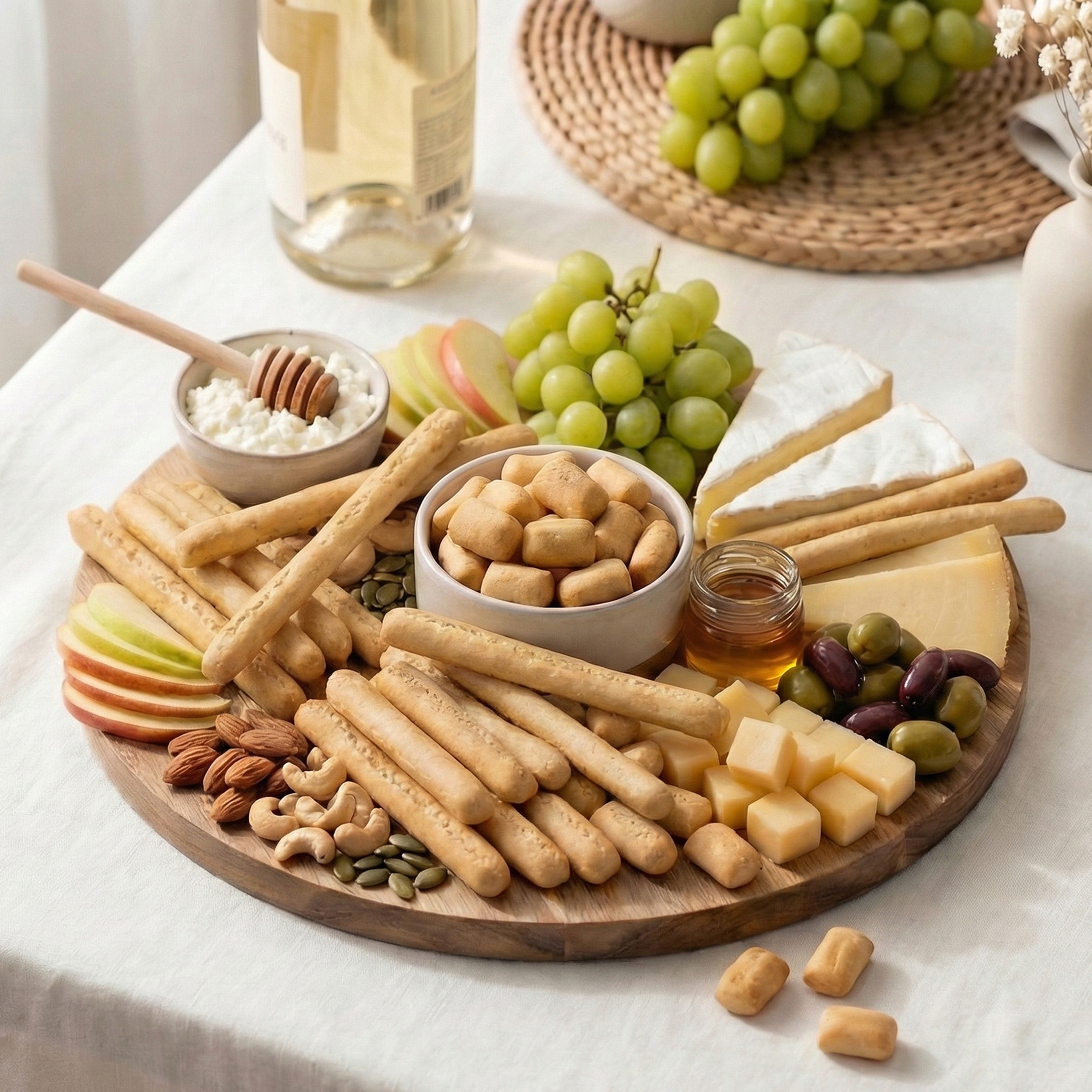 Assorted snacks on a wooden board with fruits and cheese on a white tablecloth.