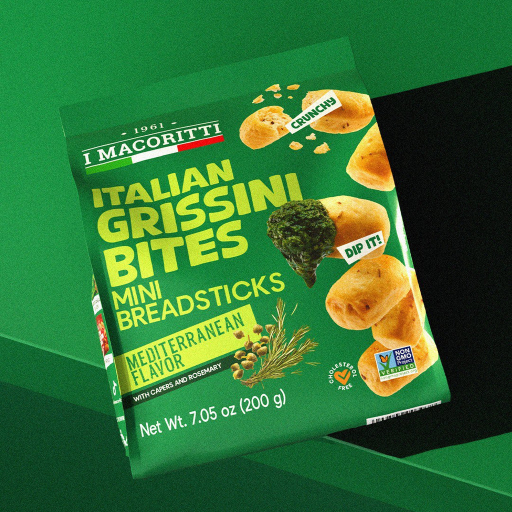 Imacoritti Italian Grissini Bites Mediterranean Flavor mini breadsticks packaging on green background