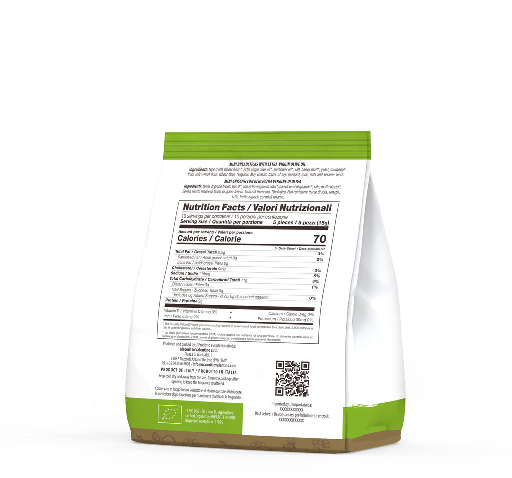 I Macoritti Organic mini breadsticks with extra virgin olive oil back pack 150g