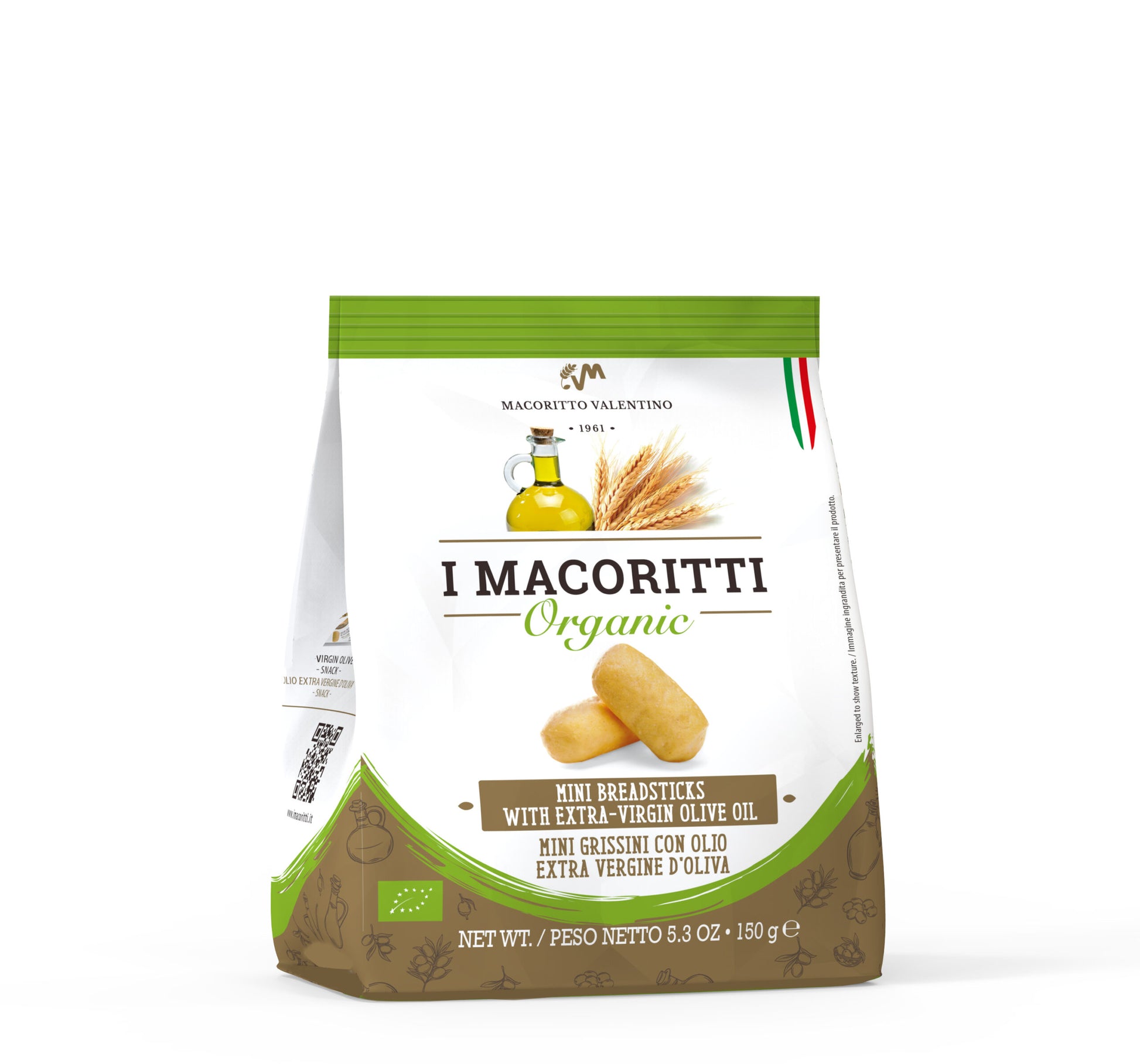I Macoritti Organic mini breadsticks with extra virgin olive oil front pack 150g