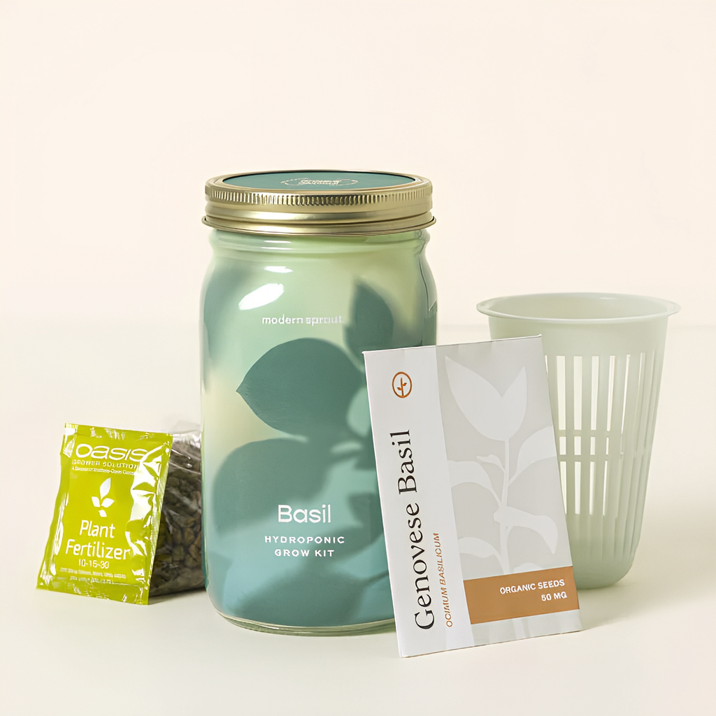 Basil hydroponic grow kit with glass jar, seeds, fertilizer, and planting cup