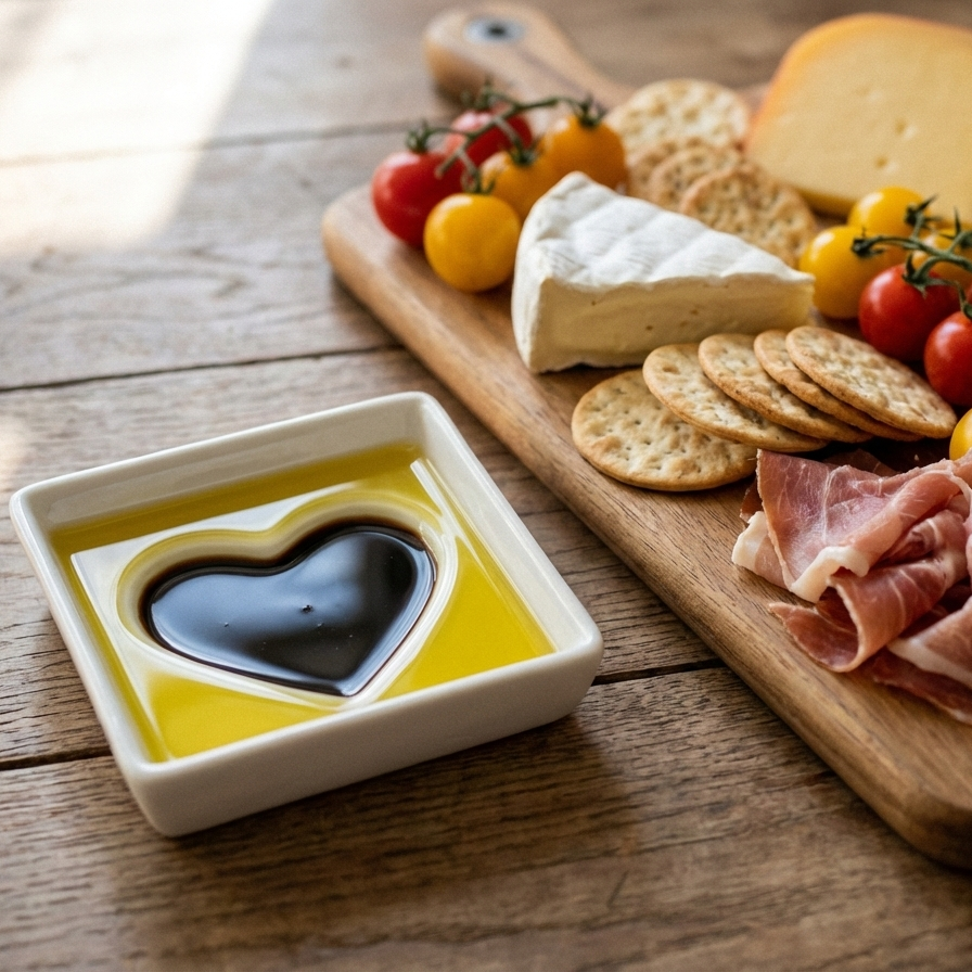 Wooden charcuterie board with meats, cheeses, and olives on a wooden surface.