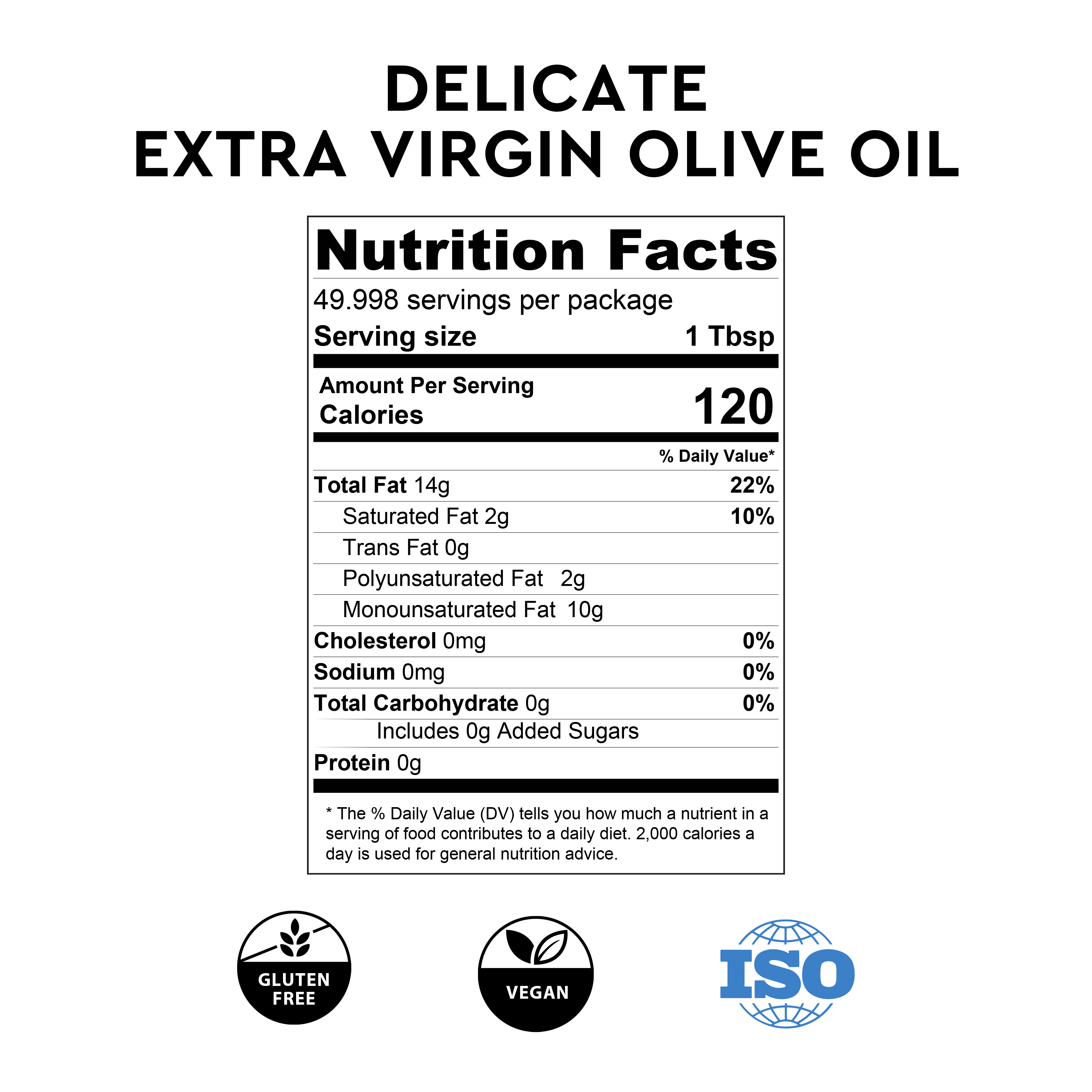 Nutritional facts label for Delicate Italian Extra Virgin Olive Oil by Masserie di Santeramo